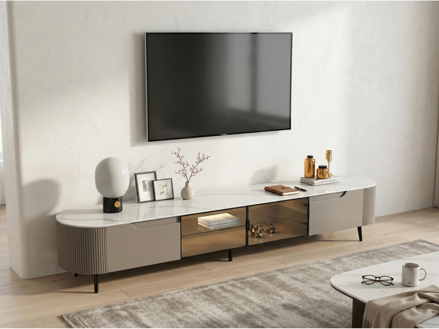Modern Grey Stone Drawers Shelves Long Length TV Stand 商品主图 scene
