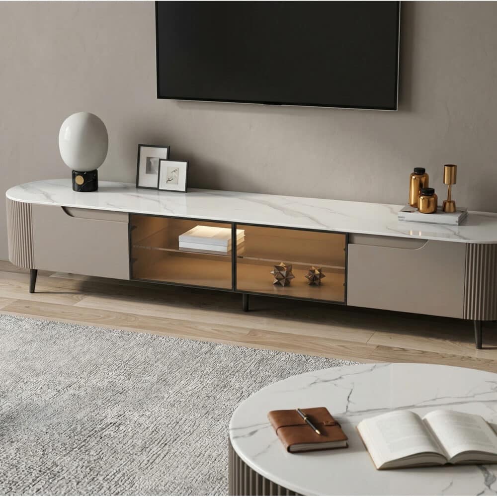 Modern Grey Stone Drawers Shelves Long Length TV Stand - scene - 相册图 #2 Modern Grey Stone Drawers Shelves Long Length TV Stand 相册图 #2 scene