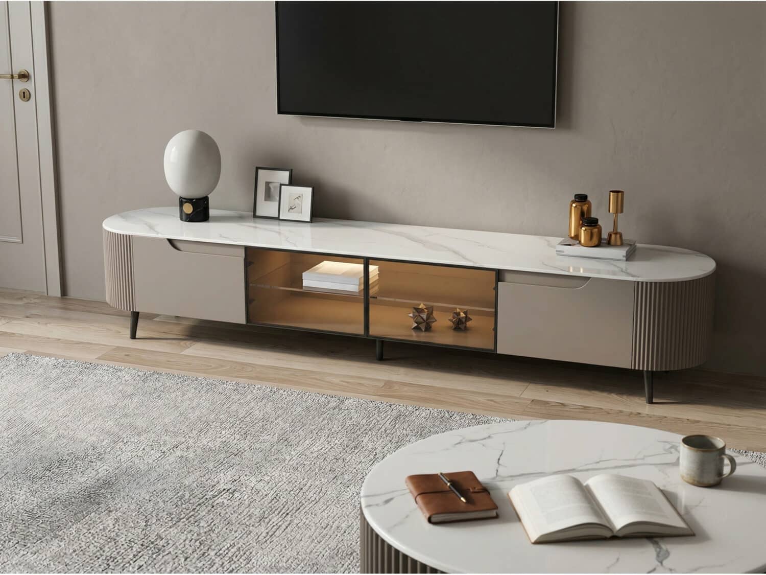 Modern Grey Stone Drawers Shelves Long Length TV Stand 相册图 #2 scene