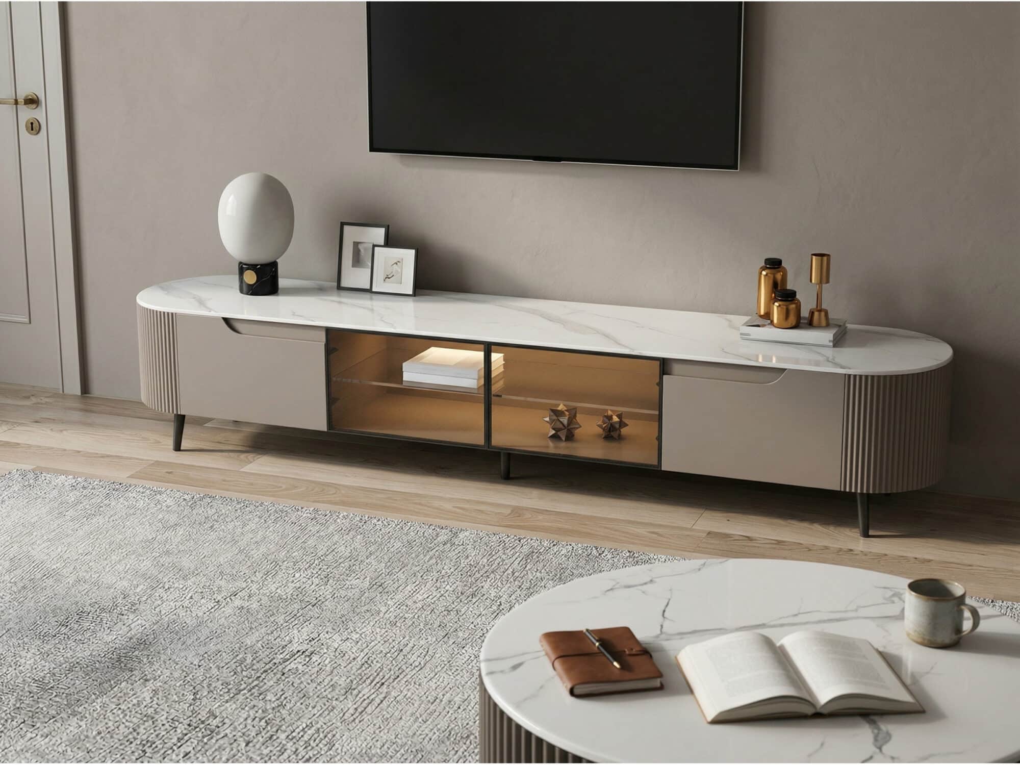 Modern Grey Stone Drawers Shelves Long Length TV Stand - scene - 相册图 #2 Modern Grey Stone Drawers Shelves Long Length TV Stand 相册图 #2 scene