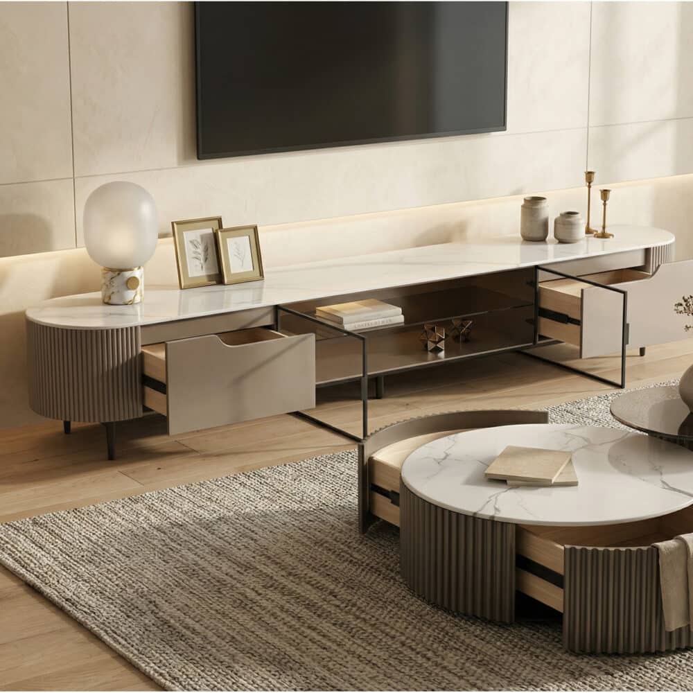 Modern Grey Stone Drawers Shelves Long Length TV Stand - scene - 相册图 #3 Modern Grey Stone Drawers Shelves Long Length TV Stand 相册图 #3 scene