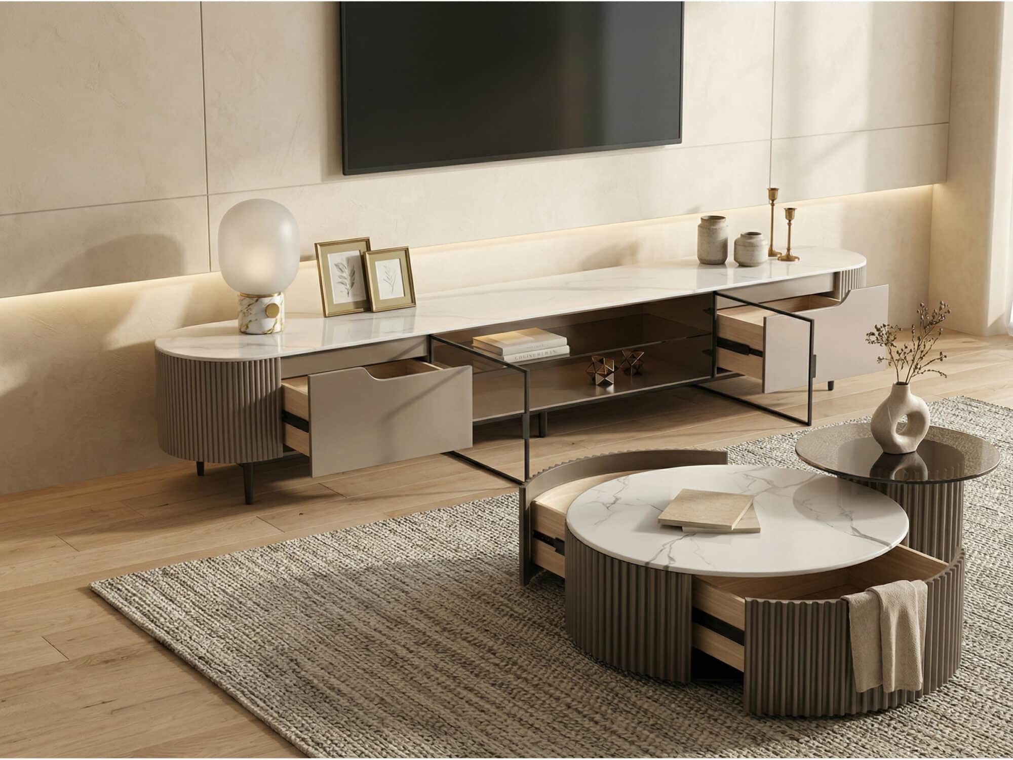 Modern Grey Stone Drawers Shelves Long Length TV Stand - scene - 相册图 #3 Modern Grey Stone Drawers Shelves Long Length TV Stand 相册图 #3 scene