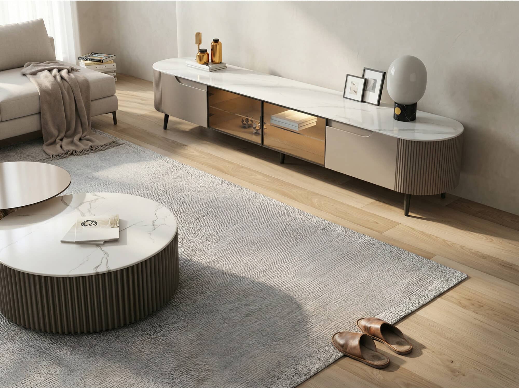 Modern Grey Stone Drawers Shelves Long Length TV Stand - scene - 相册图 #9 Modern Grey Stone Drawers Shelves Long Length TV Stand 相册图 #9 scene