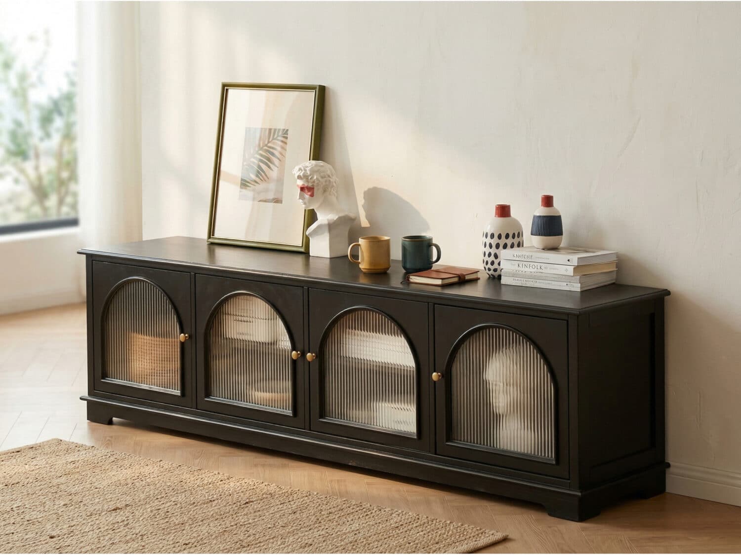Modern Low-Profile TV Cabinet with Arched Glass Doors Freestanding Storage Console 相册图 #1 scene