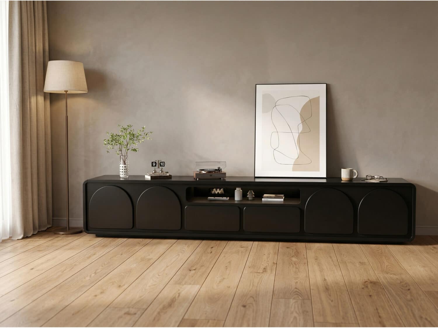 Modern Low TV Stand with Arched Cabinet Doors Black Media Console with Drawers & Open Storage 商品主图 scene