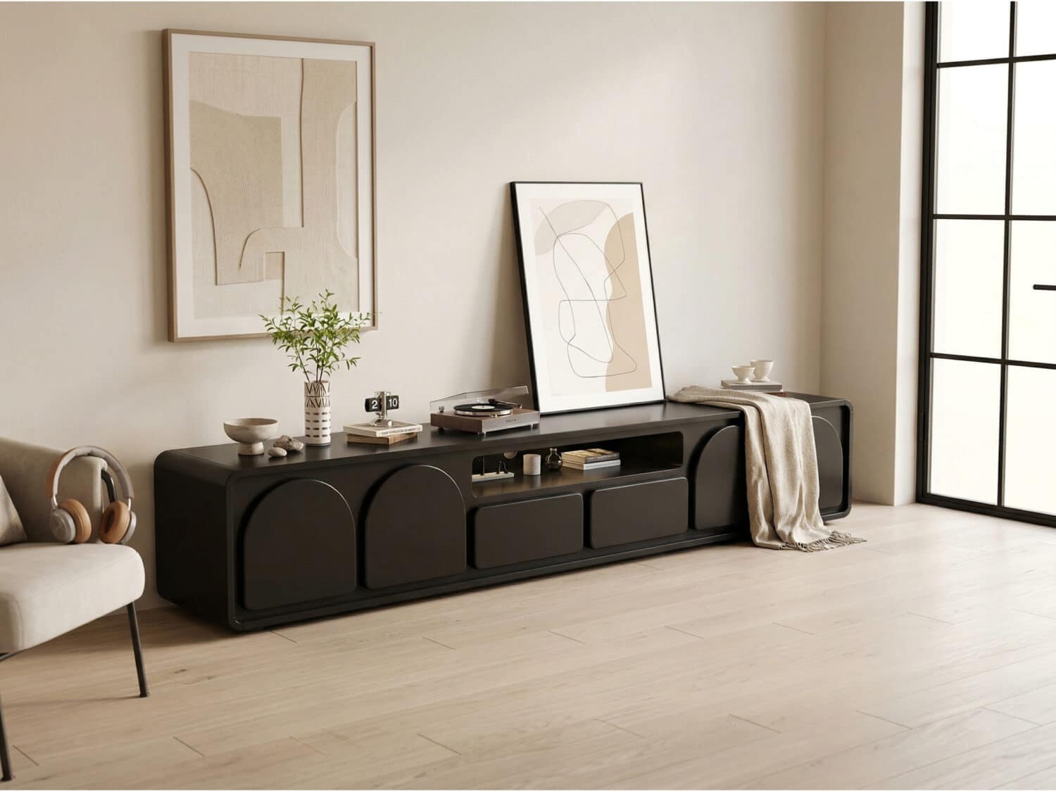 Modern Low TV Stand with Arched Cabinet Doors Black Media Console with Drawers & Open Storage 相册图 #1 scene