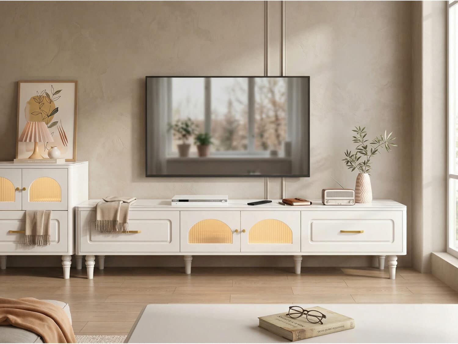 Modern Rectangle White TV Stand with Storage Drawers 商品主图 scene
