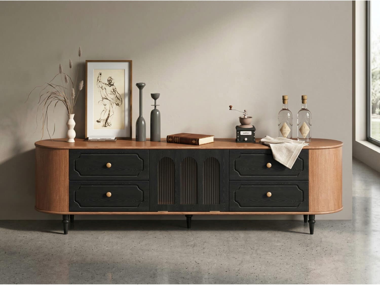 Modern TV Stand Black and Wood Color Spacious Storage 商品主图 scene