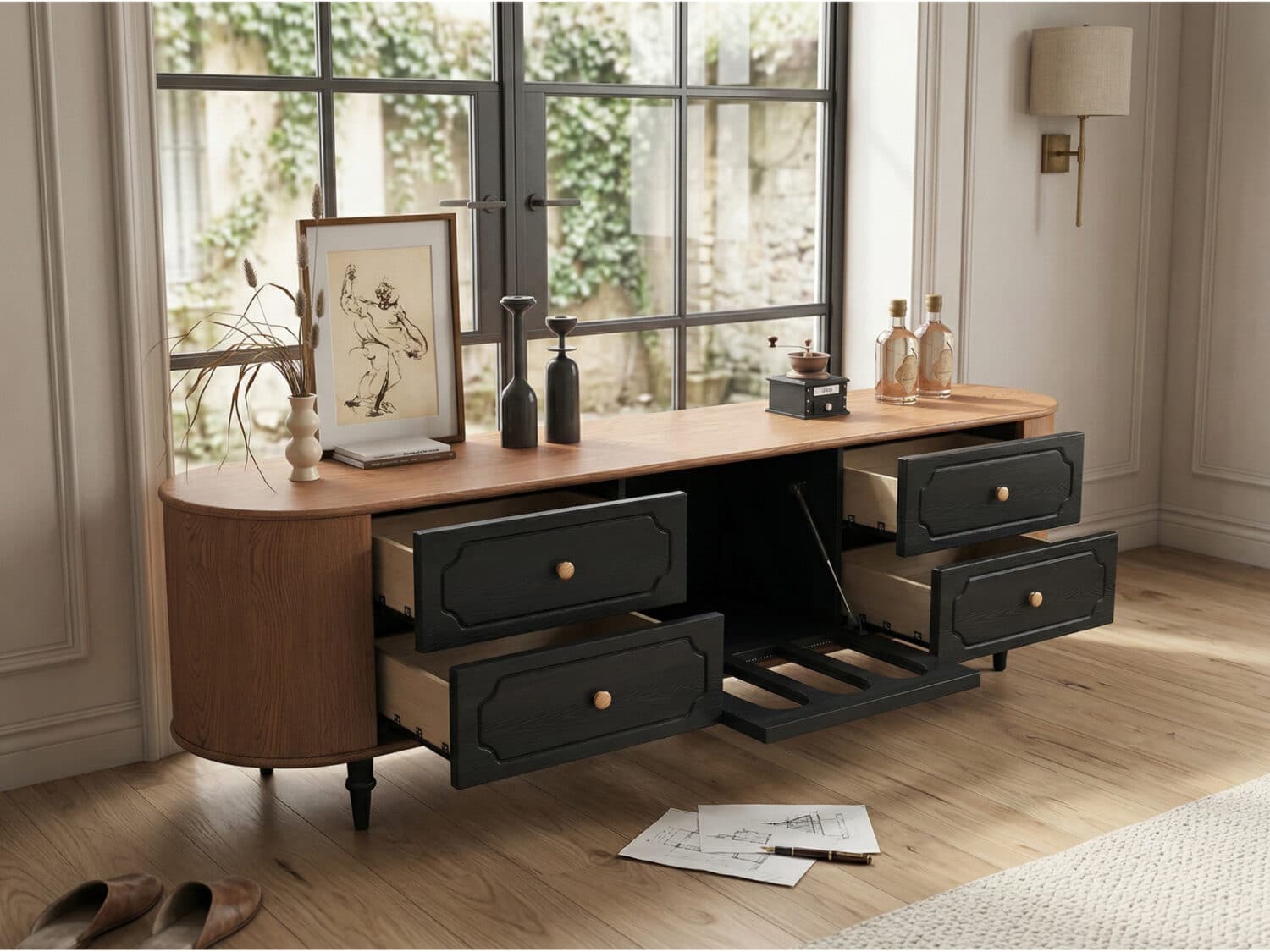 Modern TV Stand Black and Wood Color Spacious Storage 相册图 #3 scene