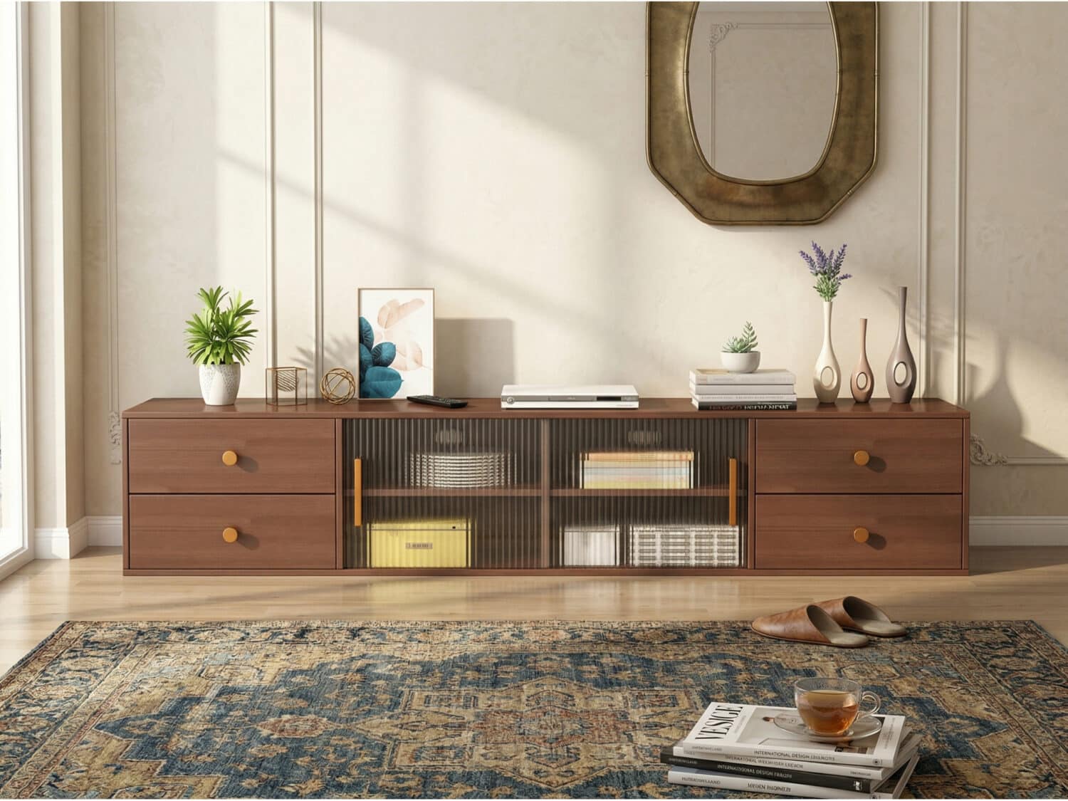 Modern Walnut Wood TV Stand with Storage Cabinet 相册图 #3 scene
