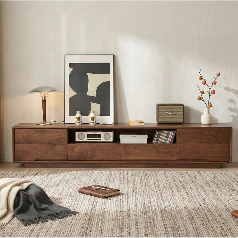 Modern Walnut Wood TV Stand with Storage Cabinets - scene - 商品主图 Modern Walnut Wood TV Stand with Storage Cabinets 商品主图 scene