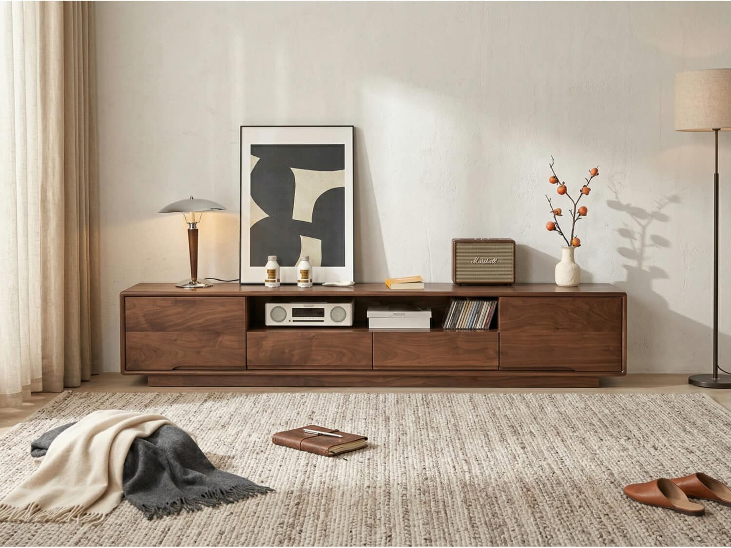 Modern Walnut Wood TV Stand with Storage Cabinets 商品主图 scene