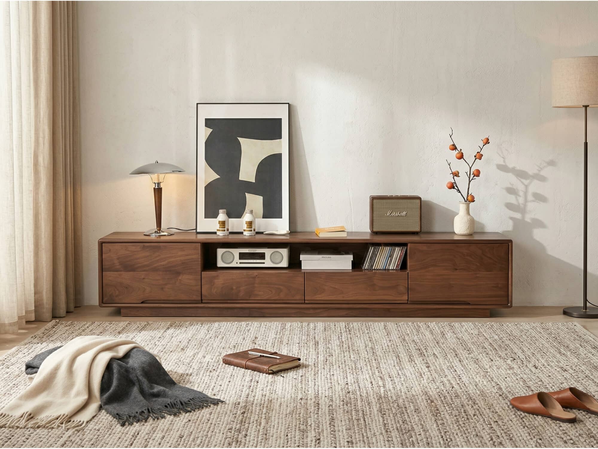 Modern Walnut Wood TV Stand with Storage Cabinets - scene - 商品主图 Modern Walnut Wood TV Stand with Storage Cabinets 商品主图 scene