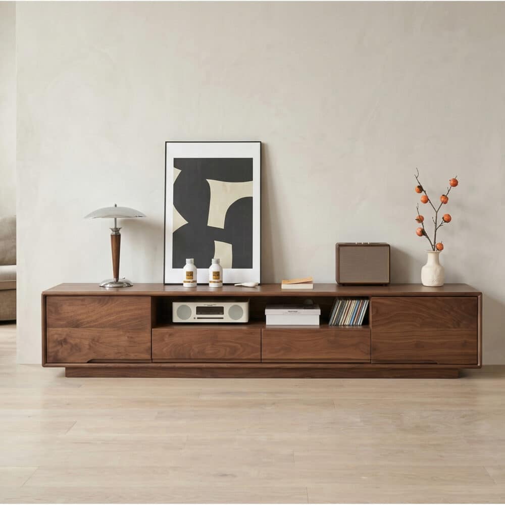 Modern Walnut Wood TV Stand with Storage Cabinets - scene - 相册图 #1 Modern Walnut Wood TV Stand with Storage Cabinets 相册图 #1 scene