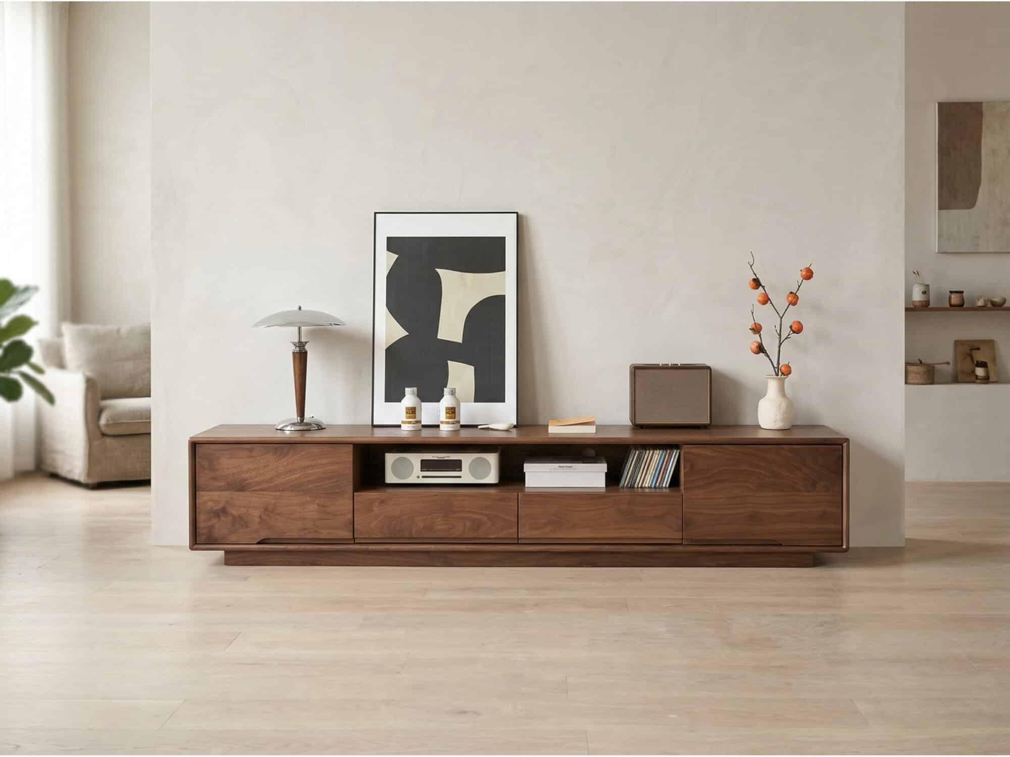 Modern Walnut Wood TV Stand with Storage Cabinets - scene - 相册图 #1 Modern Walnut Wood TV Stand with Storage Cabinets 相册图 #1 scene