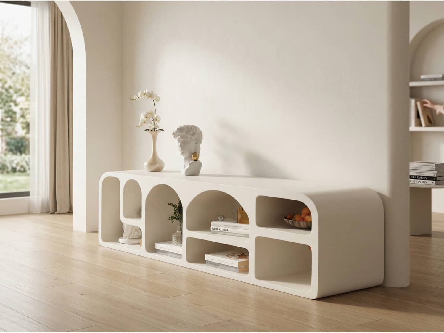 Modern White Arched TV Cabinet Cave-Inspired Design for Stylish Storage 相册图 #1 scene
