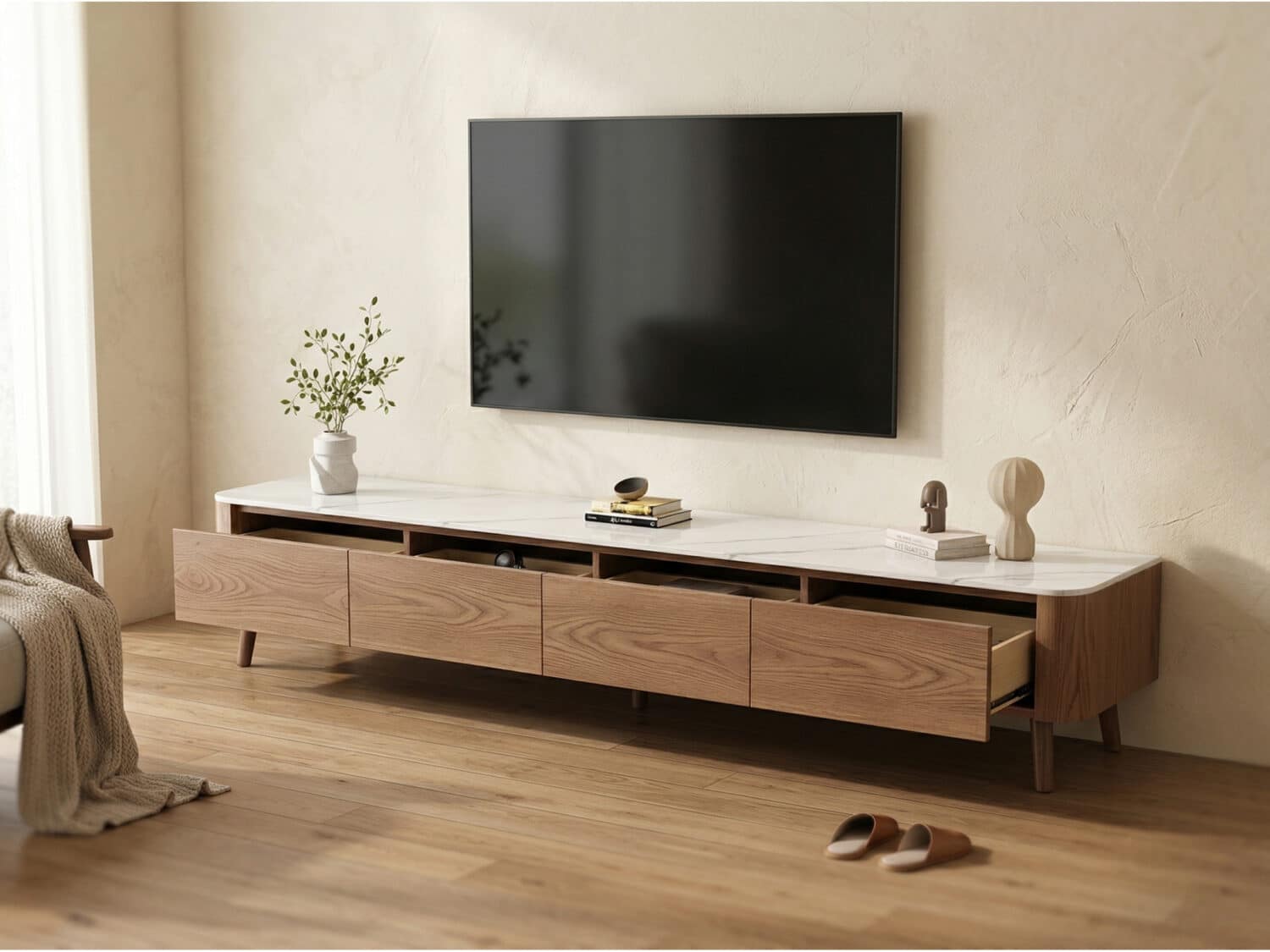 Modern Wood TV Stand with Marble Top and Storage Drawers 商品主图 scene