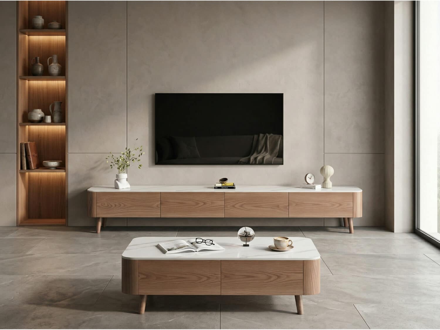 Modern Wood TV Stand with Marble Top and Storage Drawers 相册图 #3 scene