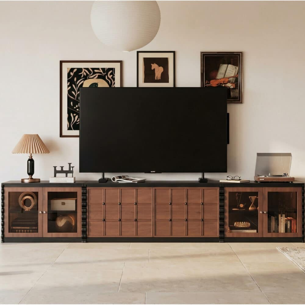 Modular Wooden TV Stand Set Optional Combination Media Console with Storage Cabinets - scene - 商品主图 Modular Wooden TV Stand Set Optional Combination Media Console with Storage Cabinets 商品主图 scene