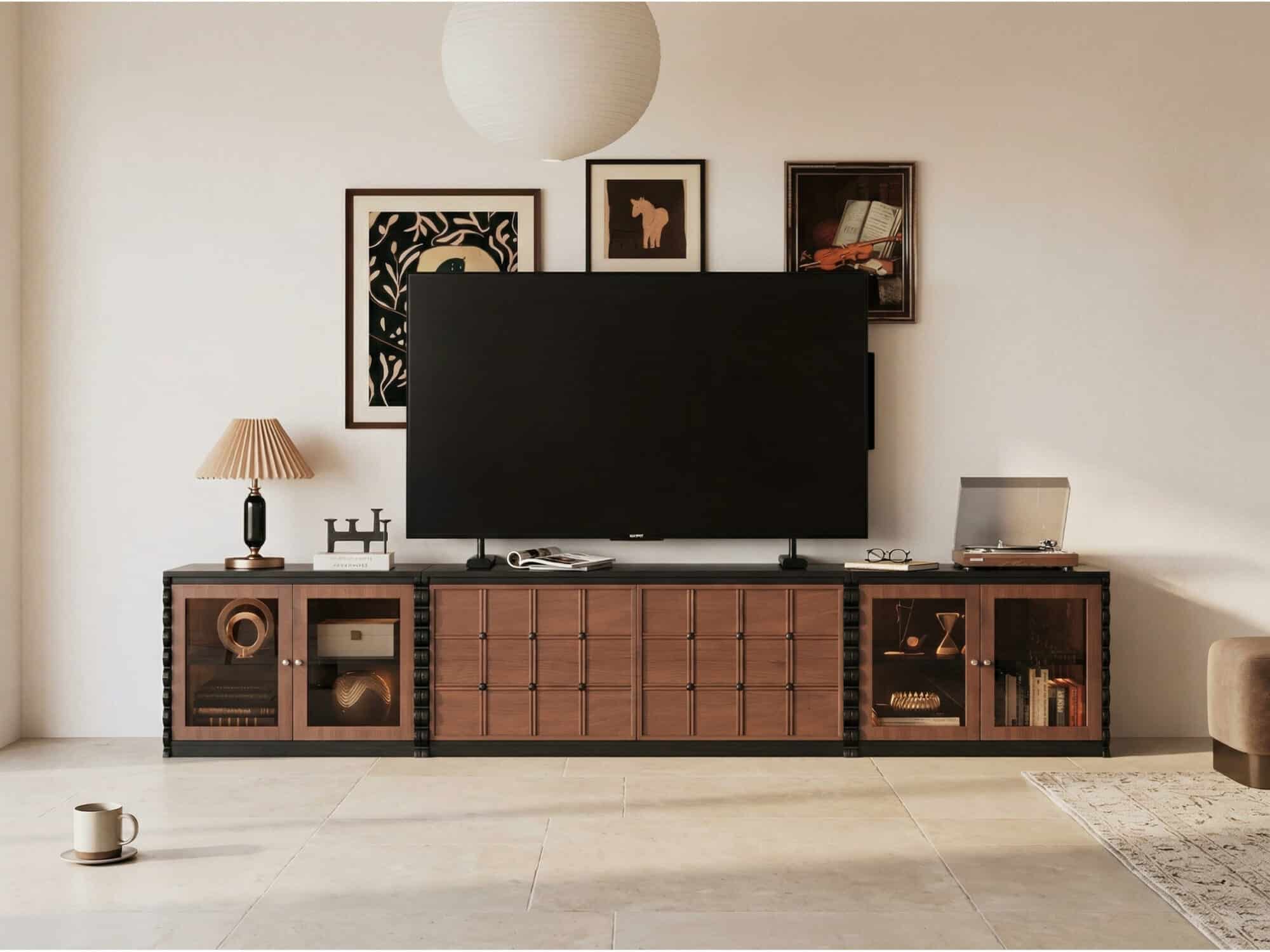 Modular Wooden TV Stand Set Optional Combination Media Console with Storage Cabinets - scene - 商品主图 Modular Wooden TV Stand Set Optional Combination Media Console with Storage Cabinets 商品主图 scene
