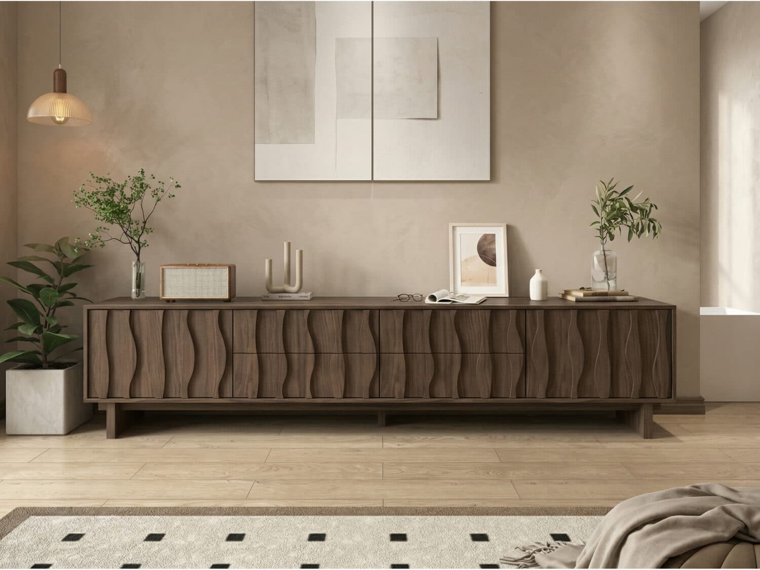 Nut-Brown Wave Texture Rectangle Wood Drawers TV Stand 商品主图 scene