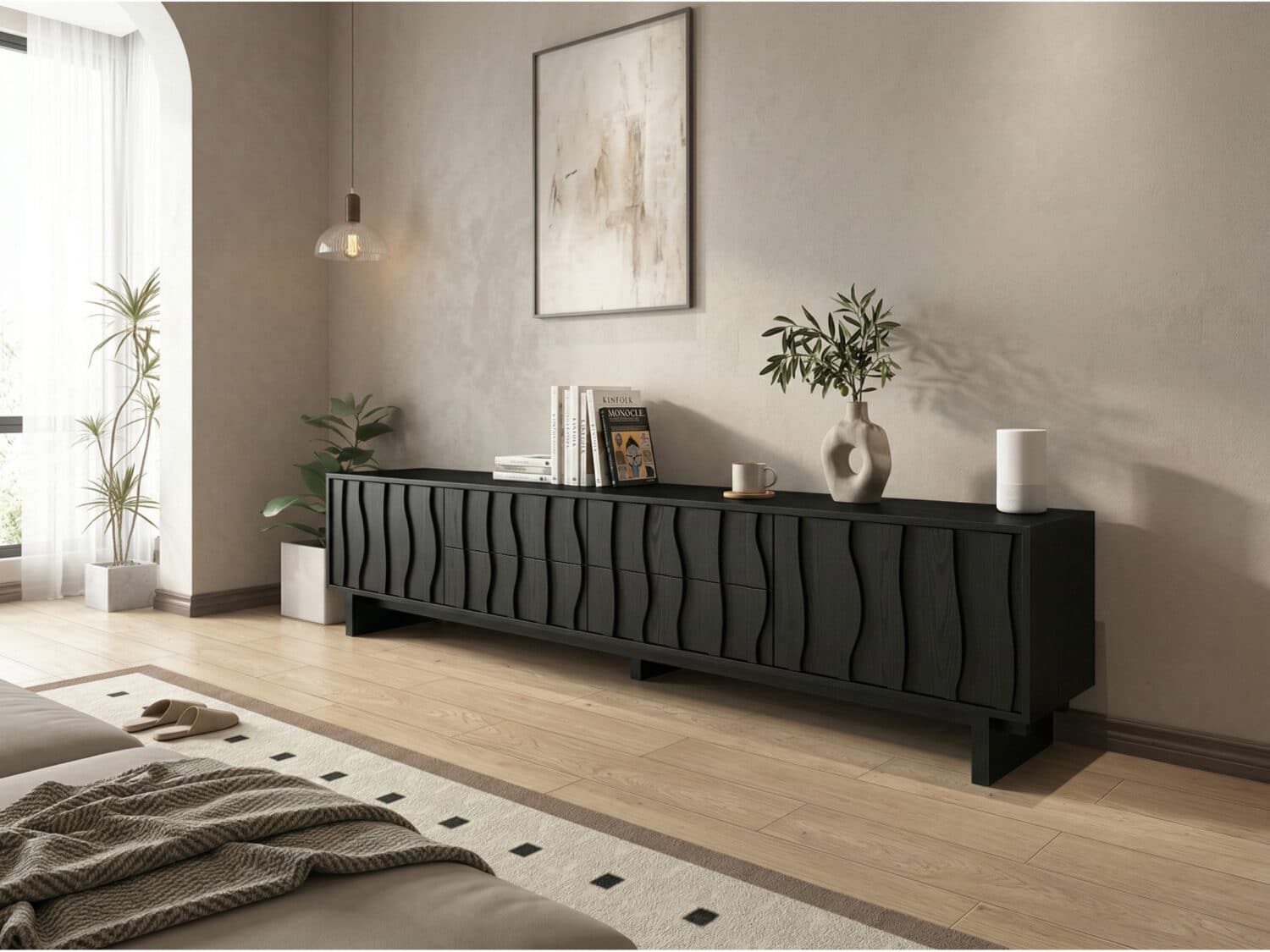 Nut-Brown Wave Texture Rectangle Wood Drawers TV Stand 相册图 #1 scene