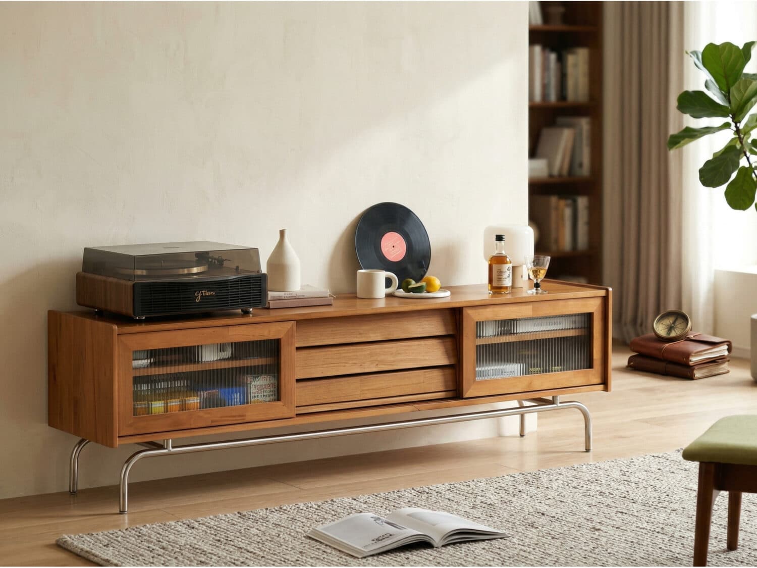 Scandinavian Brown Rubberwood Shelves Cabinet TV Stand 相册图 #2 scene