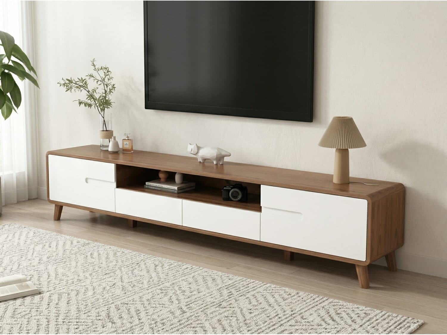 Scandinavian Walnut Wood TV Stand with Cabinet Storage 相册图 #1 scene