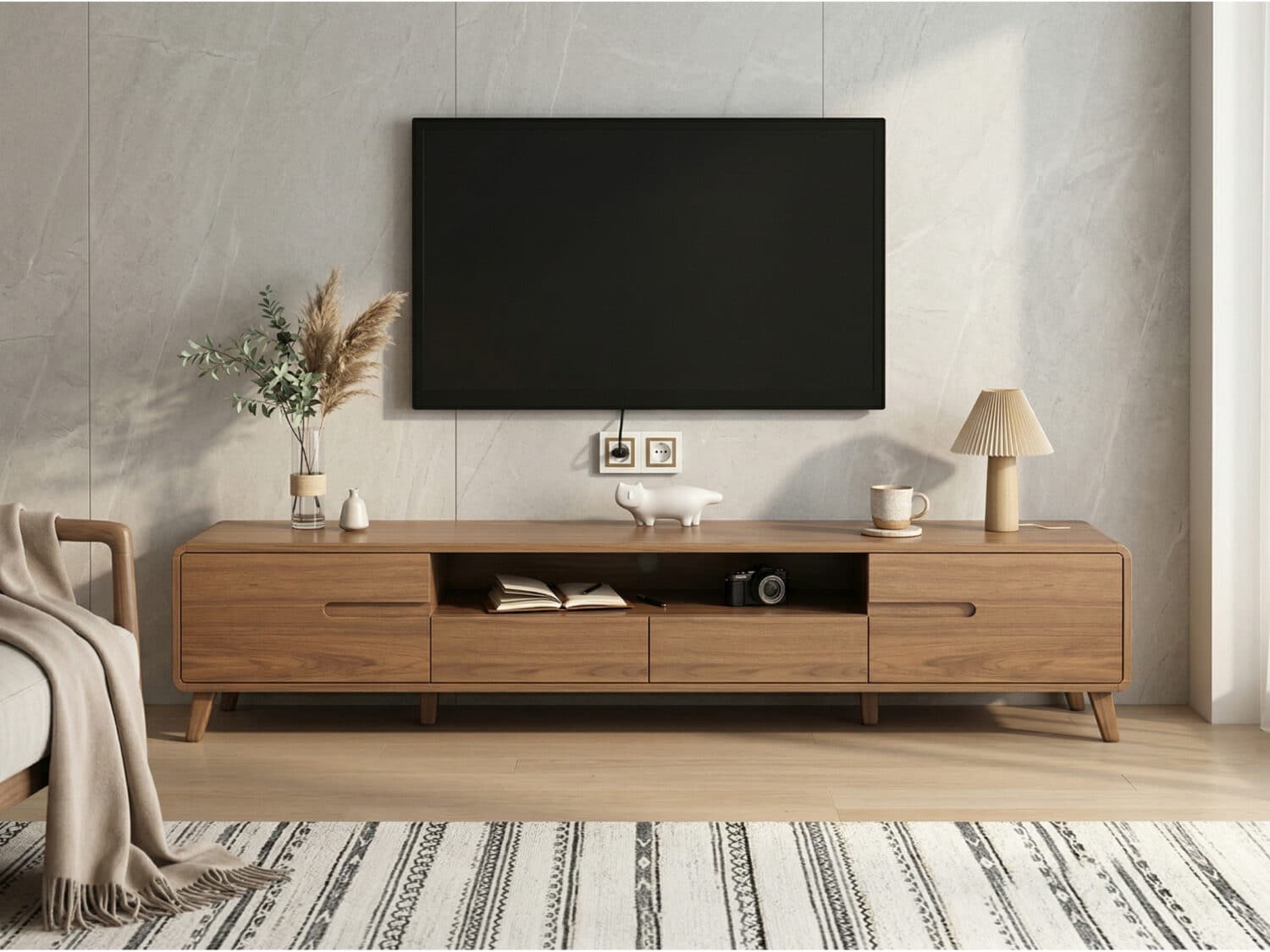 Scandinavian Walnut Wood TV Stand with Cabinet Storage 相册图 #2 scene