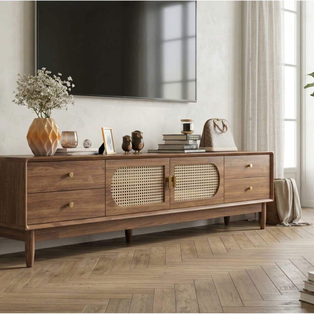 Traditional Brown Rubberwood Ventilated TV Stand - scene - 相册图 #4 2 Traditional Brown Rubberwood Ventilated TV Stand 相册图 #4 scene