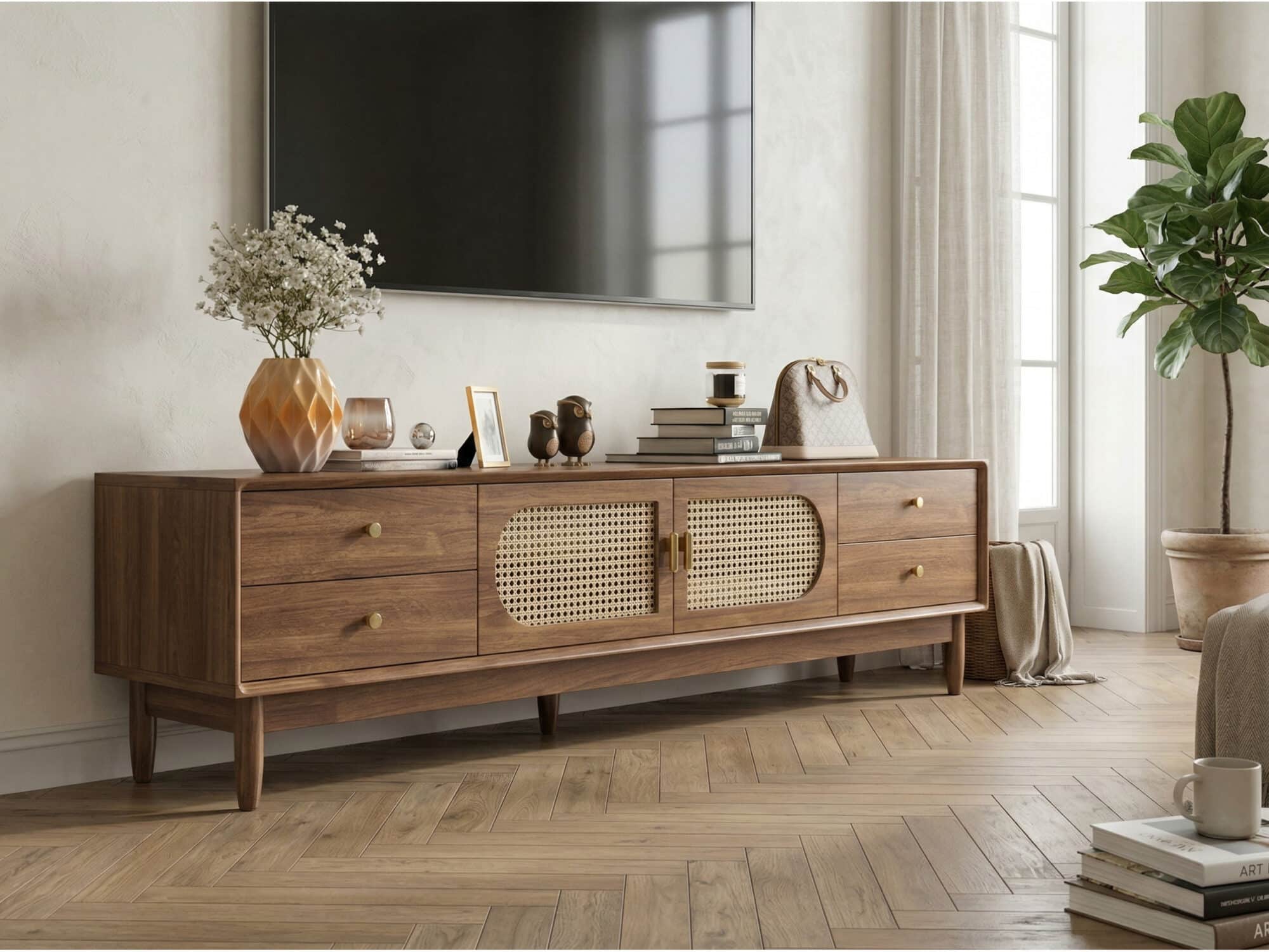 Traditional Brown Rubberwood Ventilated TV Stand - scene - 相册图 #4 2 Traditional Brown Rubberwood Ventilated TV Stand 相册图 #4 scene