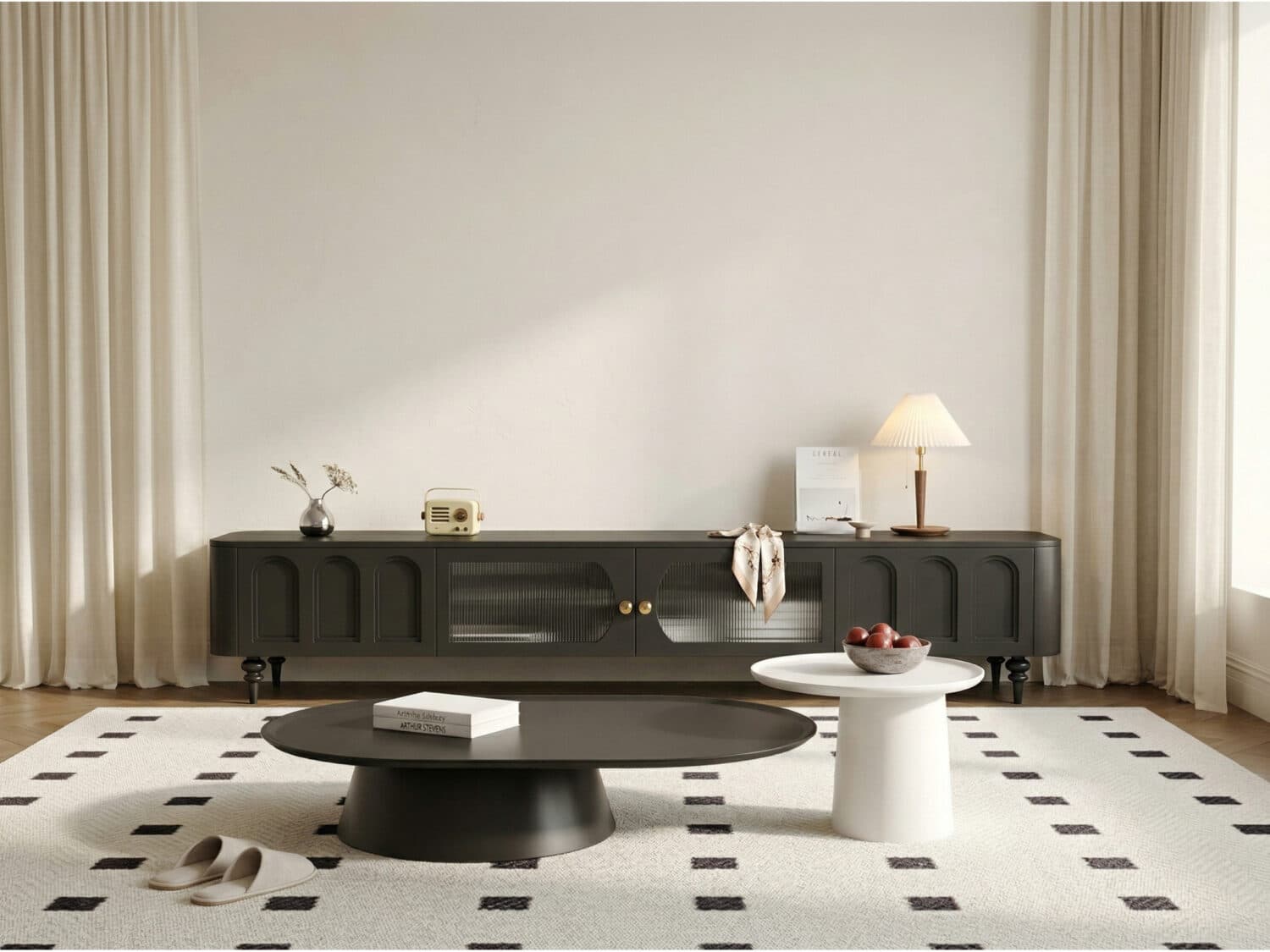 TV Stand Elegant Arch Design TV Console with Center Sliding Doors 商品主图 scene