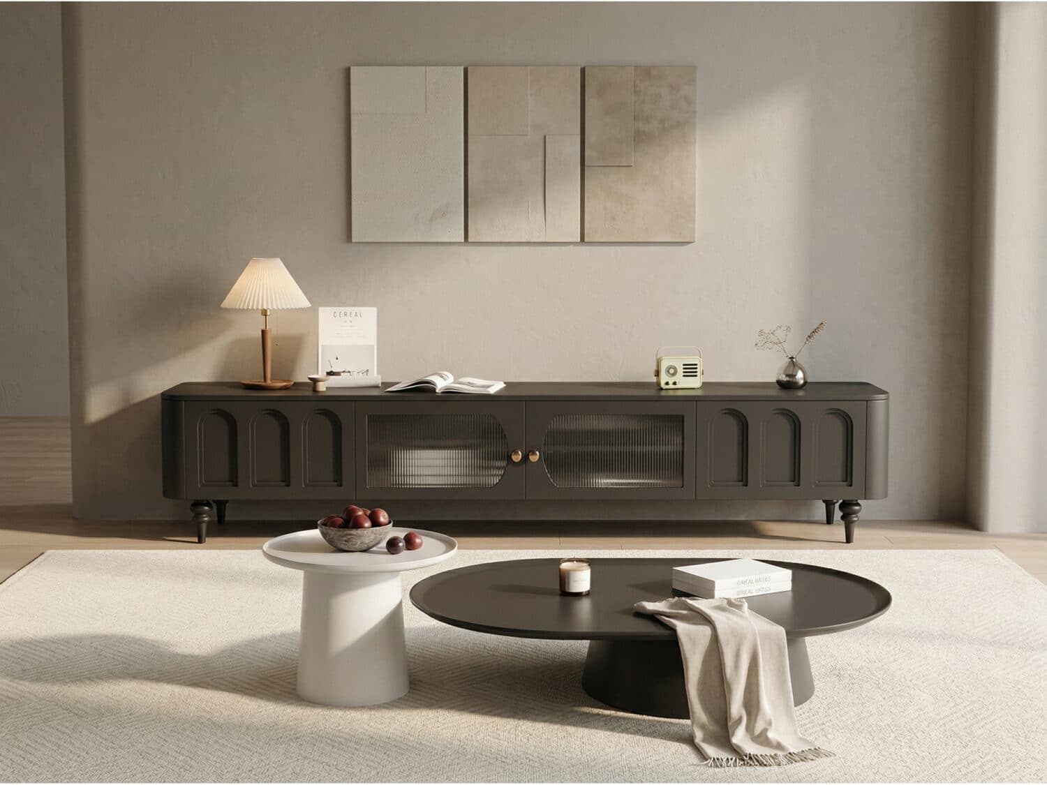 TV Stand Elegant Arch Design TV Console with Center Sliding Doors 相册图 #1 scene