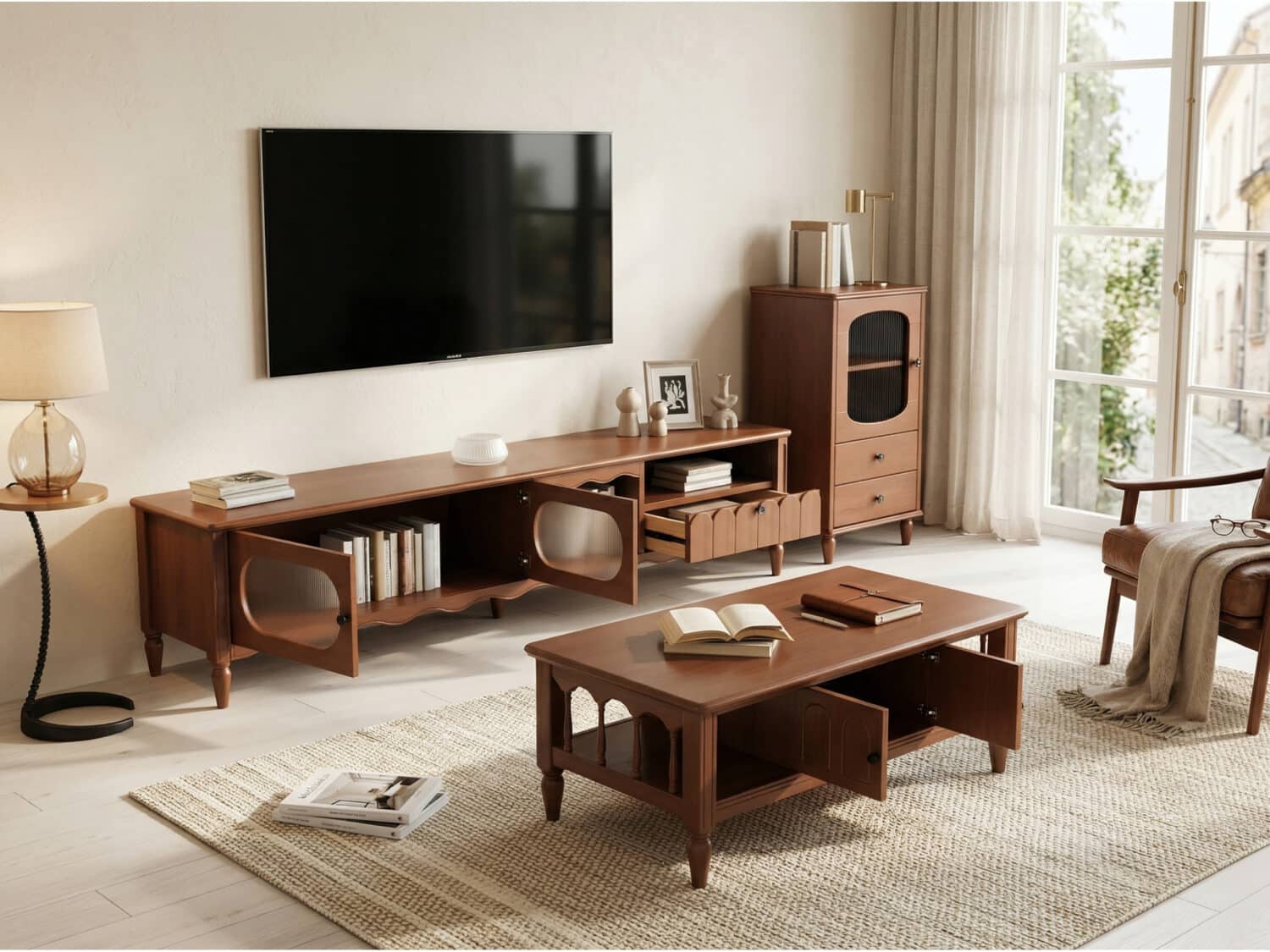 Walnut TV Stand Cabinet with Elegant Design and Spacious Storage Solutions 相册图 #1 scene