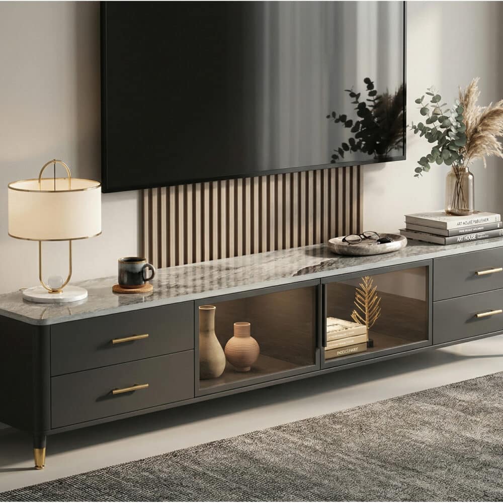 White-Black Stone Cabinet TV Stand with Lighting - scene - 变体图 / color: Dark Gray/ Black / size: 71"L x 16"W x 18"H White-Black Stone Cabinet TV Stand with Lighting 变体图 / color: Dark Gray/ Black / size: 71"L x 16"W x 18"H scene