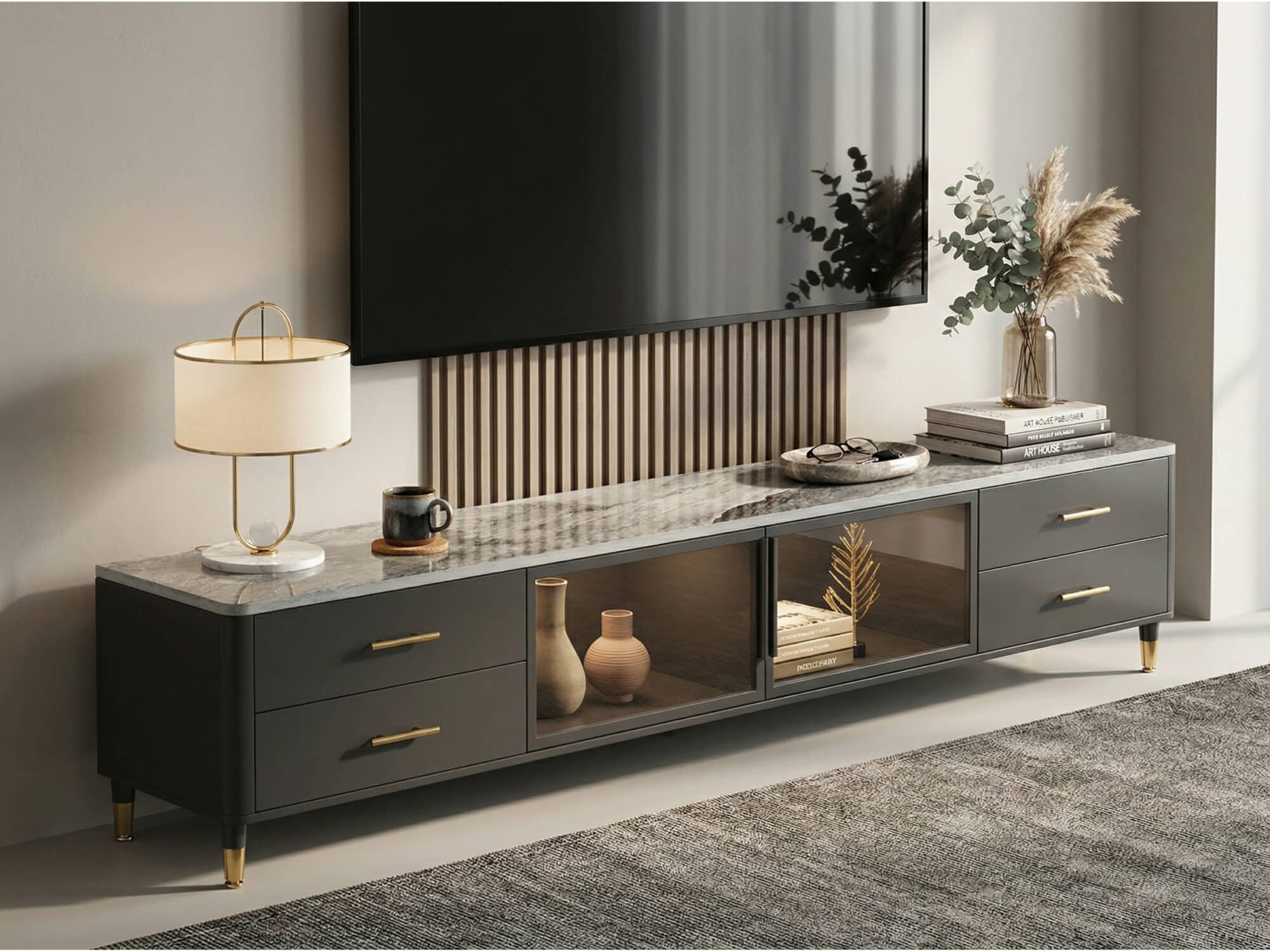 White-Black Stone Cabinet TV Stand with Lighting - scene - 变体图 / color: Dark Gray/ Black / size: 71"L x 16"W x 18"H White-Black Stone Cabinet TV Stand with Lighting 变体图 / color: Dark Gray/ Black / size: 71"L x 16"W x 18"H scene