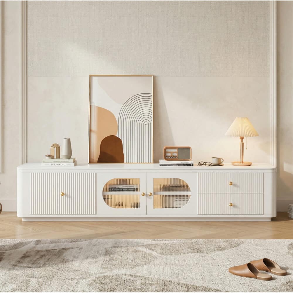 White Stone Rectangle Storage TV Stand with Lighting - scene - 变体图 / size: 71"L x 14"W x 14"H White Stone Rectangle Storage TV Stand with Lighting 变体图 / size: 71"L x 14"W x 14"H scene