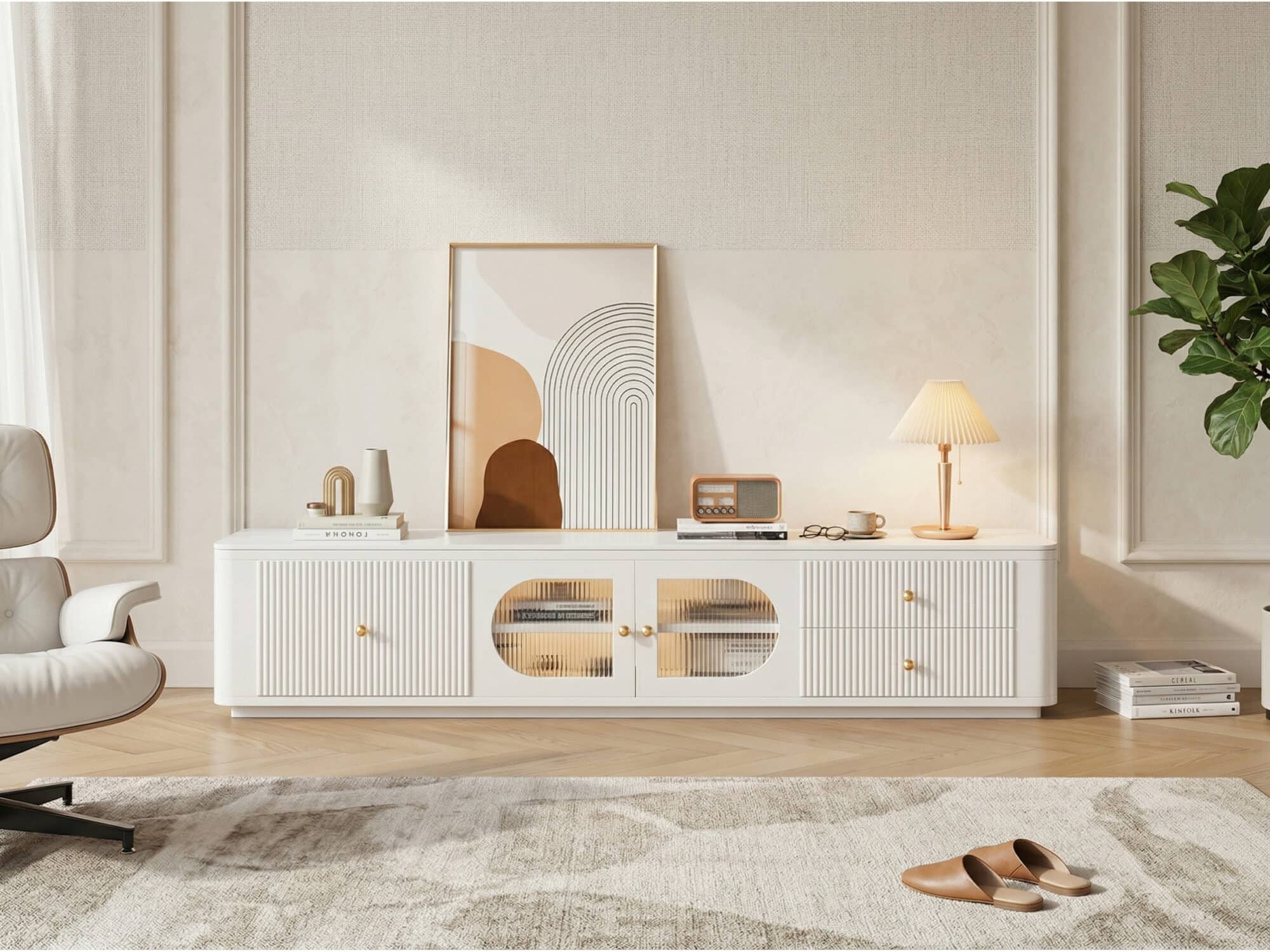 White Stone Rectangle Storage TV Stand with Lighting - scene - 变体图 / size: 71"L x 14"W x 14"H White Stone Rectangle Storage TV Stand with Lighting 变体图 / size: 71"L x 14"W x 14"H scene