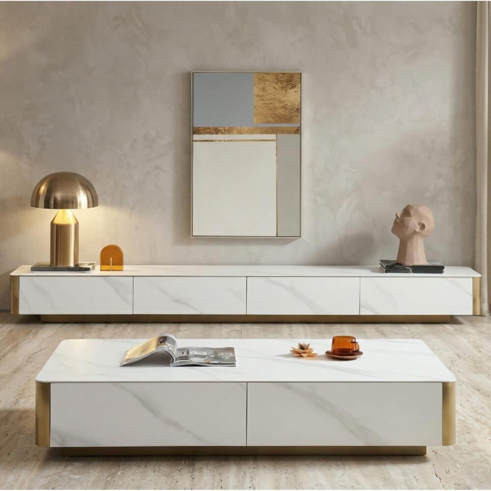 White Stone Rectangular Enclosed Storage TV Stand - scene - 商品主图 White Stone Rectangular Enclosed Storage TV Stand 商品主图 scene