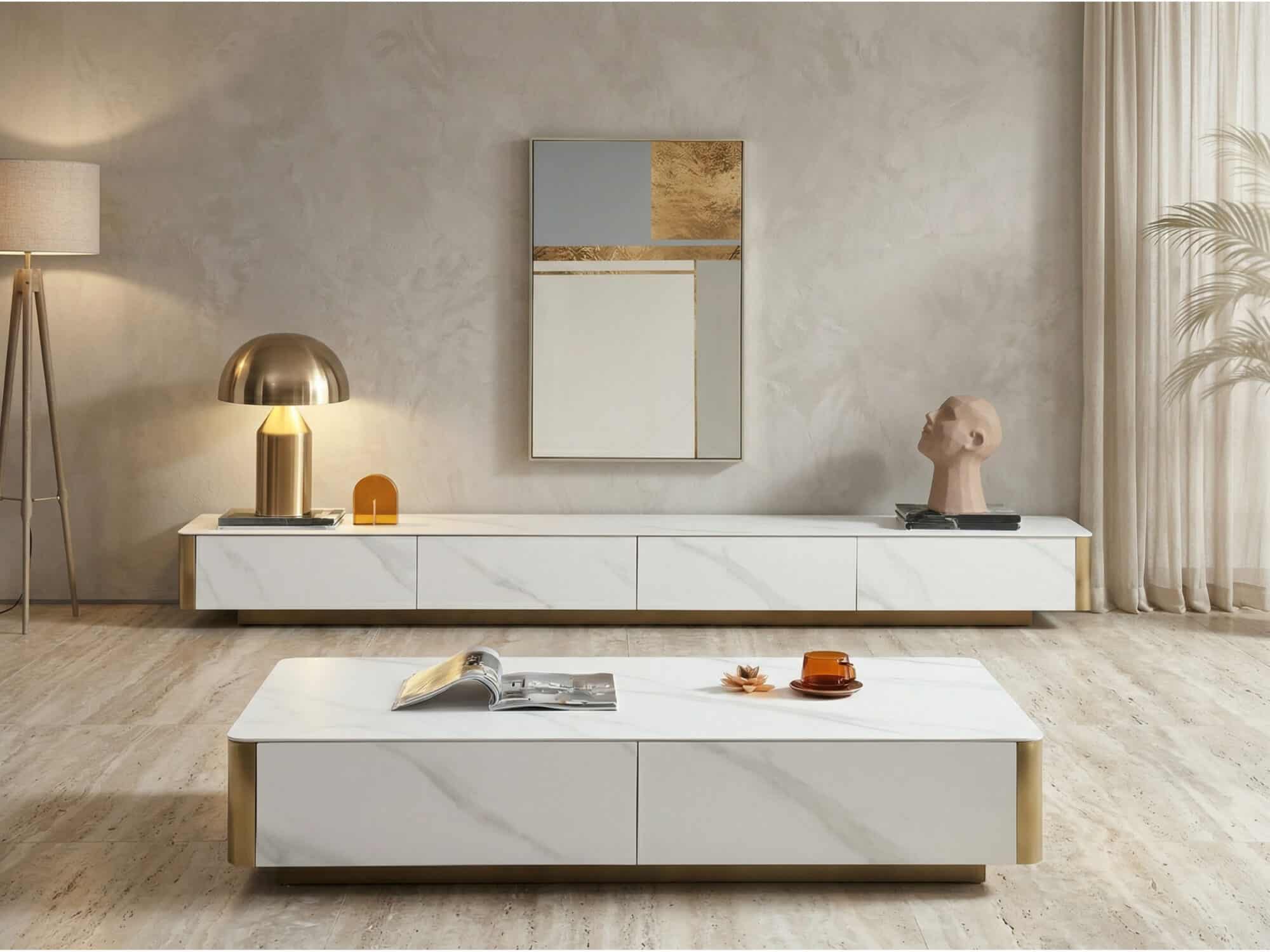 White Stone Rectangular Enclosed Storage TV Stand - scene - 商品主图 White Stone Rectangular Enclosed Storage TV Stand 商品主图 scene