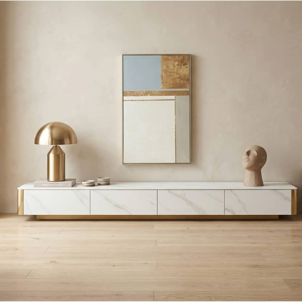 White Stone Rectangular Enclosed Storage TV Stand - scene - 相册图 #1 White Stone Rectangular Enclosed Storage TV Stand 相册图 #1 scene