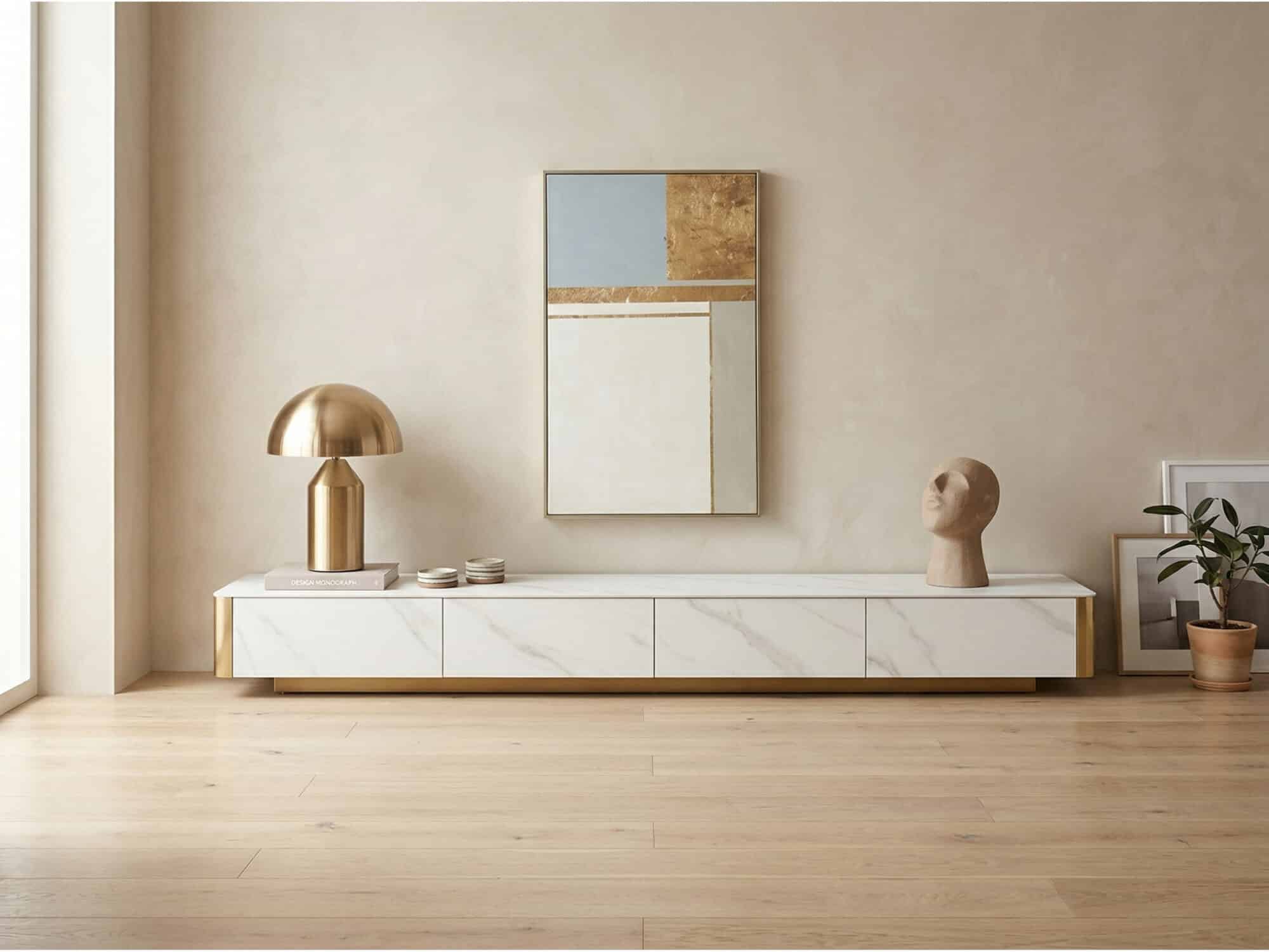 White Stone Rectangular Enclosed Storage TV Stand - scene - 相册图 #1 White Stone Rectangular Enclosed Storage TV Stand 相册图 #1 scene