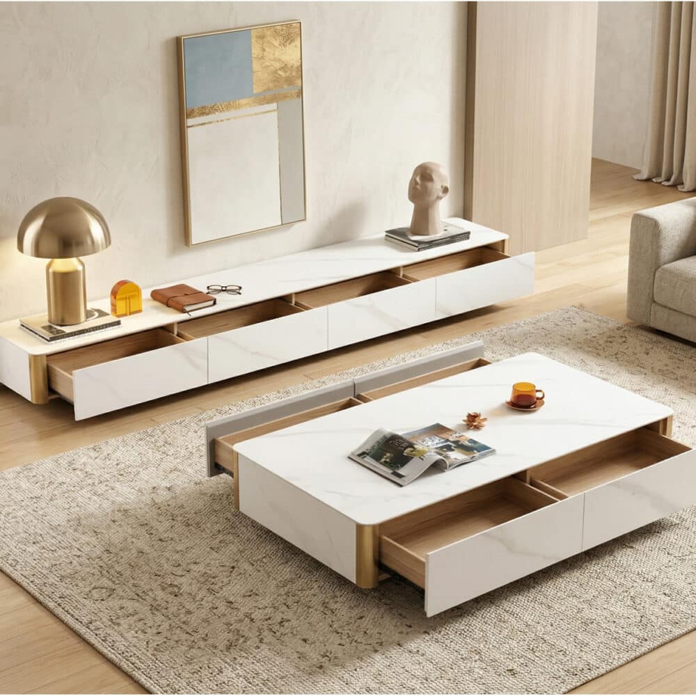 White Stone Rectangular Enclosed Storage TV Stand - scene - 相册图 #2 White Stone Rectangular Enclosed Storage TV Stand 相册图 #2 scene