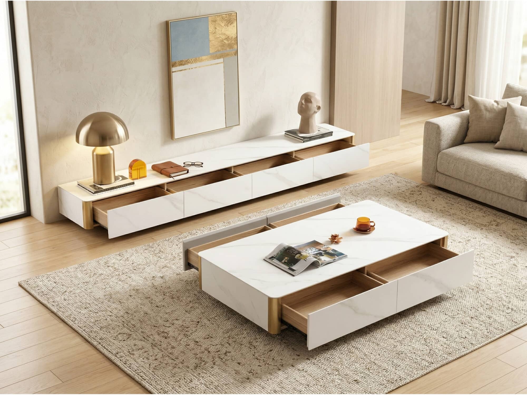 White Stone Rectangular Enclosed Storage TV Stand - scene - 相册图 #2 White Stone Rectangular Enclosed Storage TV Stand 相册图 #2 scene