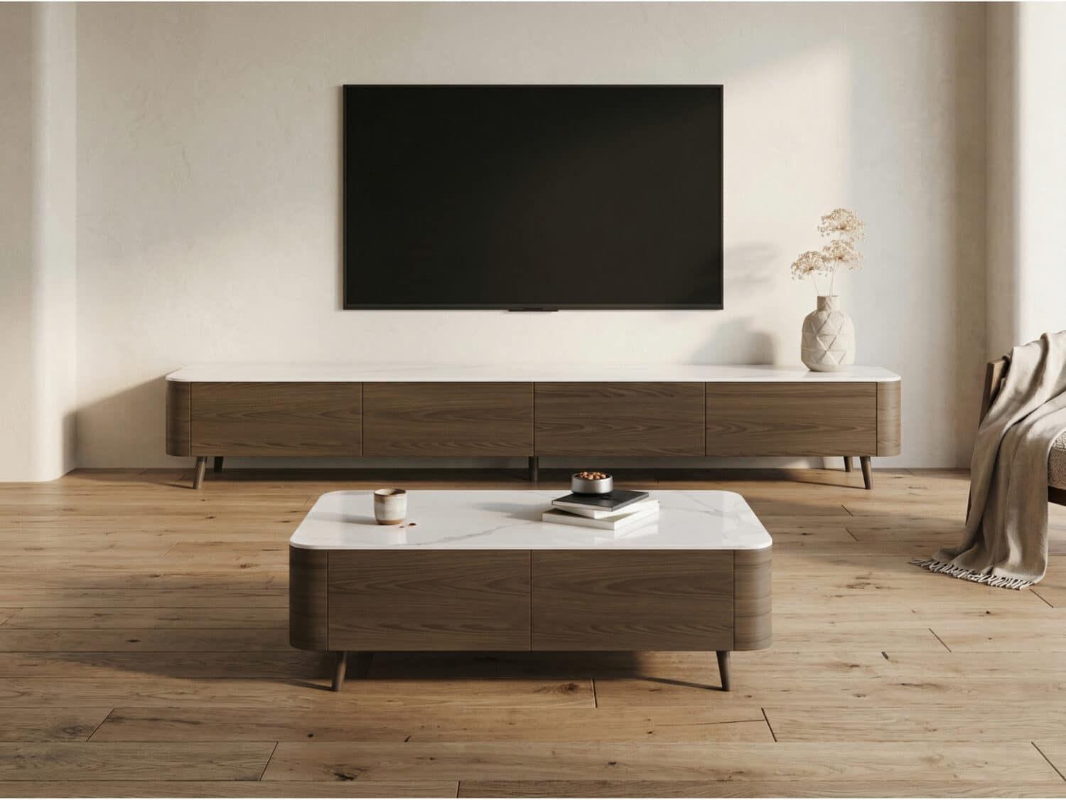 White Stone Top Drawers TV Stand with Cable Management 商品主图 scene
