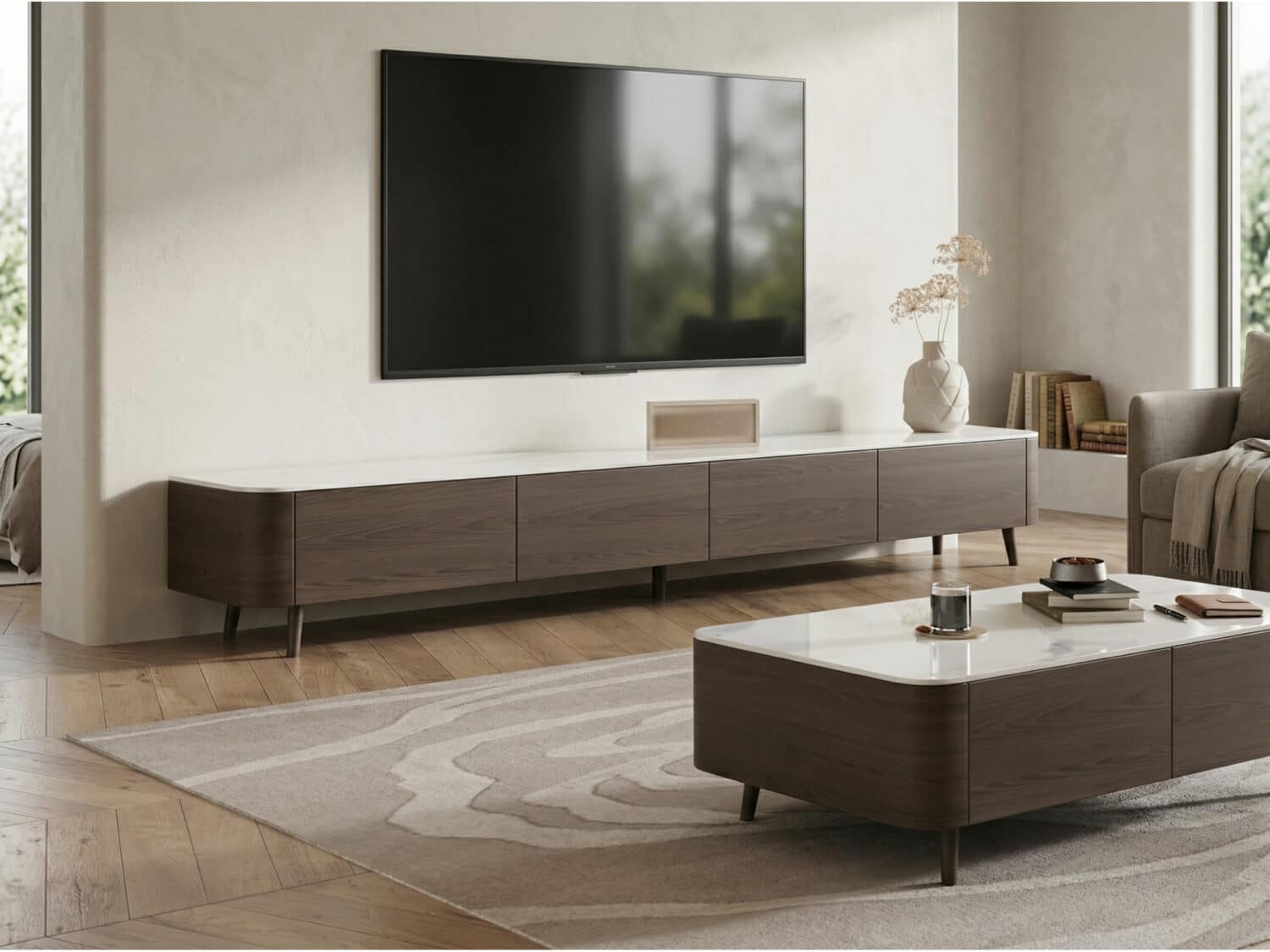 White Stone Top Drawers TV Stand with Cable Management 相册图 #1 scene