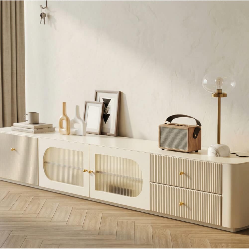 White Wood Shelves Cabinet Drawers Rectangle TV Stand - scene - 相册图 #2 White Wood Shelves Cabinet Drawers Rectangle TV Stand 相册图 #2 scene