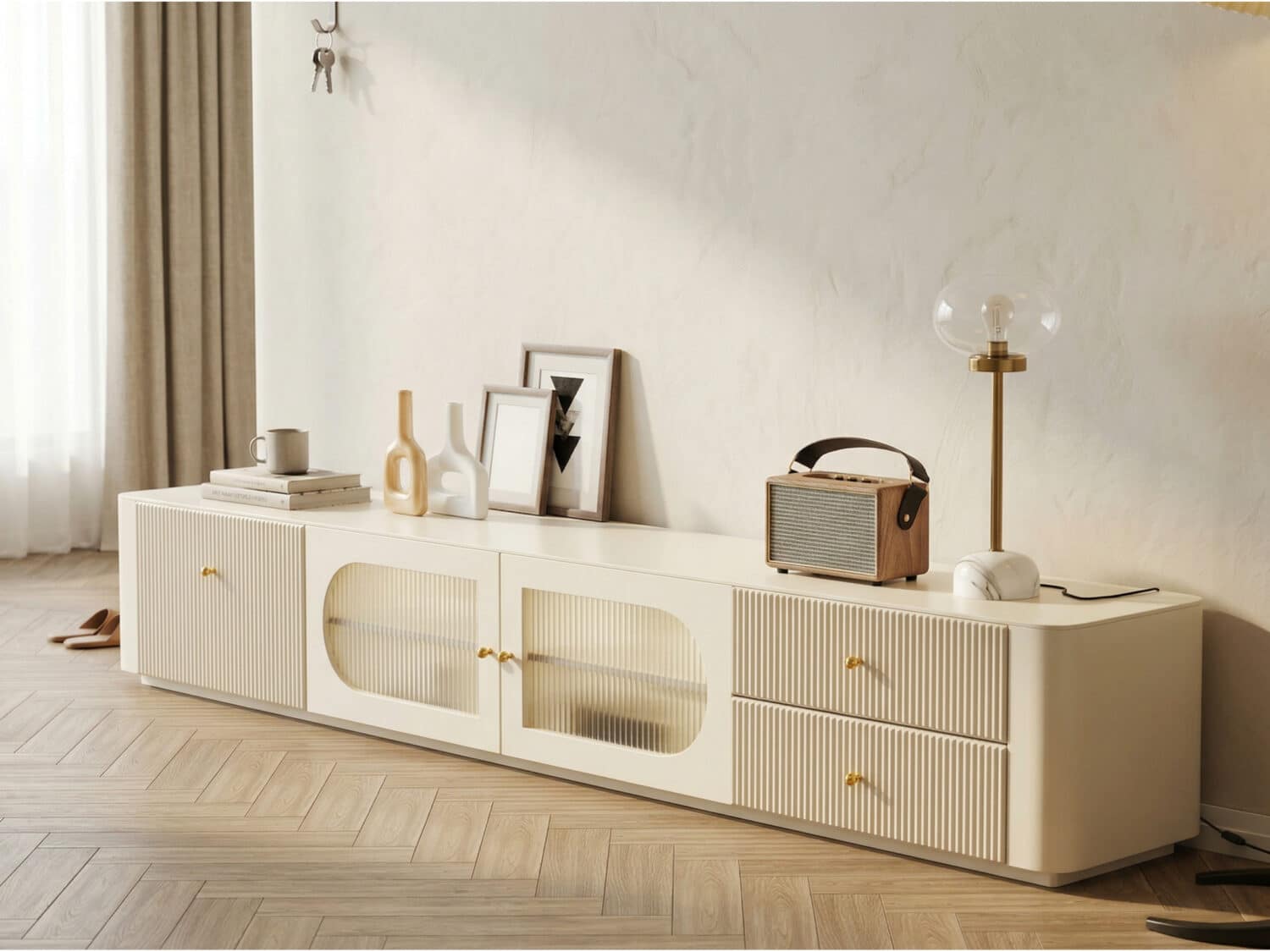 White Wood Shelves Cabinet Drawers Rectangle TV Stand 相册图 #2 scene