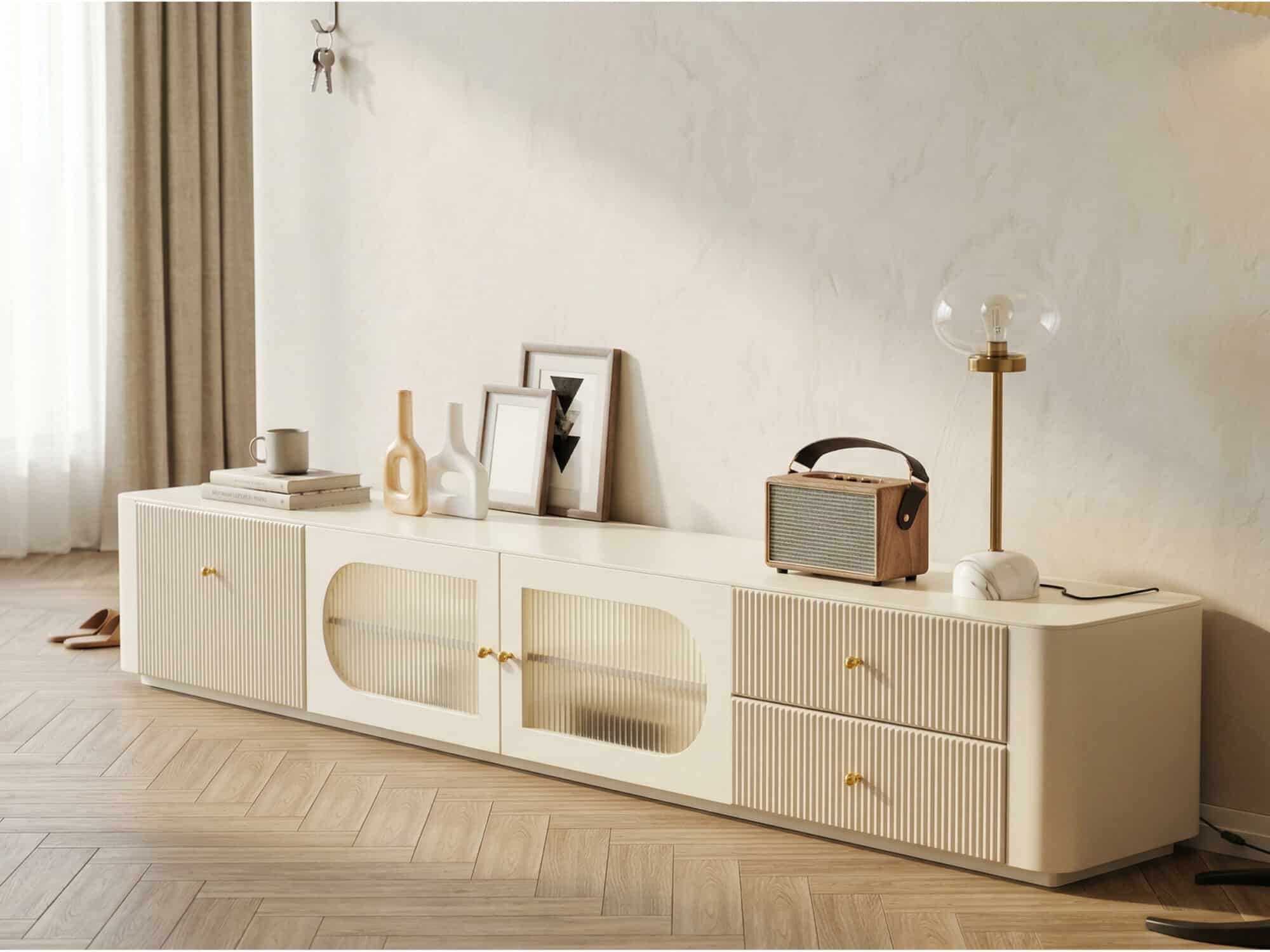 White Wood Shelves Cabinet Drawers Rectangle TV Stand - scene - 相册图 #2 White Wood Shelves Cabinet Drawers Rectangle TV Stand 相册图 #2 scene