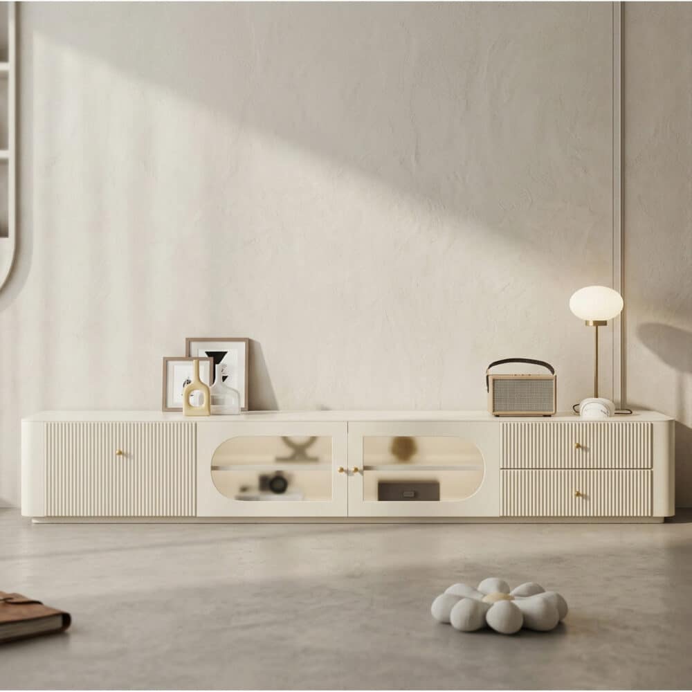 White Wood Shelves Cabinet Drawers Rectangle TV Stand - scene - 相册图 #5 White Wood Shelves Cabinet Drawers Rectangle TV Stand 相册图 #5 scene